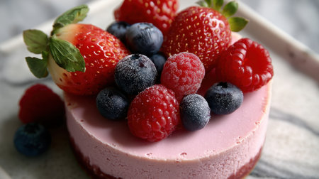 This beautiful dessert features a creamy pink cake topped with fresh strawberries, raspberries, and blueberries, perfect for any celebration.の素材