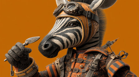 A whimsical steampunk zebra character with vintage clothing and unique accessories, set against a vibrant orange background. This imaginative design showcases creativity in character art.の素材