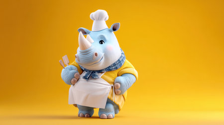 A charming cartoon rhinoceros dressed as a chef, holding a spatula. The bright yellow background adds a playful touch to this cheerful, imaginative character.の素材