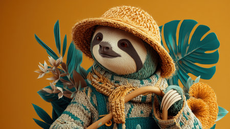 A charming sloth character dressed in a cozy sweater and hat, set against a bright yellow backdrop with vibrant tropical plants and flowers.の素材