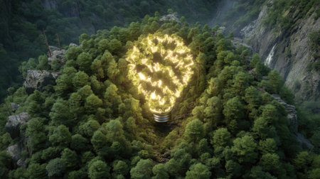 A captivating image of a glowing light bulb formed by flames rising from a dense green forest, surrounded by rocky cliffs and cascading waterfalls, symbolizing creativity and energy.の素材