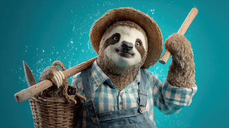 This delightful cartoon sloth exudes charm with its straw hat and gardening tools, set against a vivid turquoise backdrop. Perfect for cheerful themes.の素材