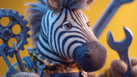 A whimsical zebra character surrounded by various tools, showcasing creativity and imagination in a vibrant workshop with a bright yellow backdrop.の素材