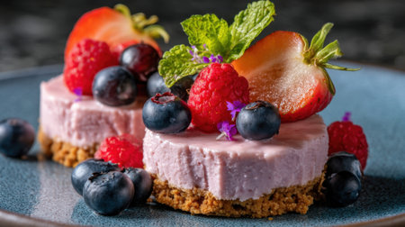 This image showcases a delightful berry cheesecake decorated with fresh raspberries, blueberries, and strawberries, garnished with mint.の素材