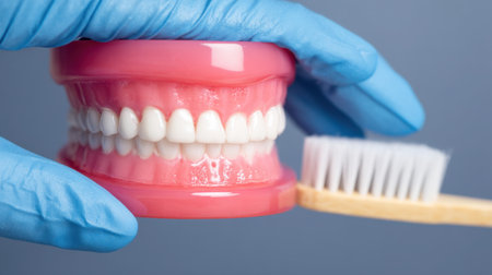 A visual guide showcasing a gloved hand holding a dental model with white teeth, preparing to demonstrate proper brushing techniques.の素材