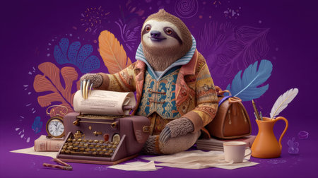 This delightful illustration features a sloth dressed as a writer, surrounded by a vintage typewriter and colorful leaves. The whimsical scene evokes creativity and charm, perfect for conveying a playful atmosphere in storytelling.の素材