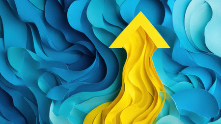 This vibrant artwork features a bright yellow arrow amid layered blue waves, symbolizing direction and movement through its dynamic visual design.の素材