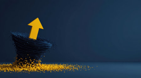 This abstract image features a swirling vortex releasing vibrant yellow particles, topped with an upward arrow, symbolizing growth and progress.の素材