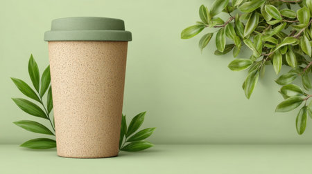 A stylish eco-friendly coffee cup stands on a light green background, accompanied by lush leaves, perfect for showcasing sustainability and natural aesthetics.の素材