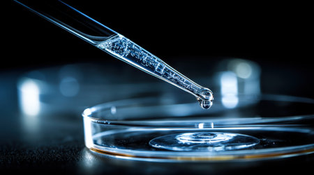 Detailed close-up image shows a dropper releasing a single droplet into a petri dish, highlighting laboratory processes with dramatic lighting.の素材