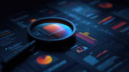 A detailed close-up of a magnifying glass resting over various data charts and graphs, emphasizing analysis and business insights in a dark setting.の素材