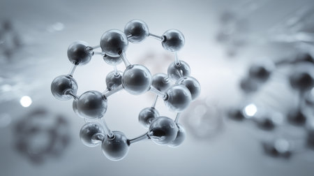 This image showcases an abstract molecular structure, featuring interconnected spheres in a light environment, ideal for educational and scientific media.の素材