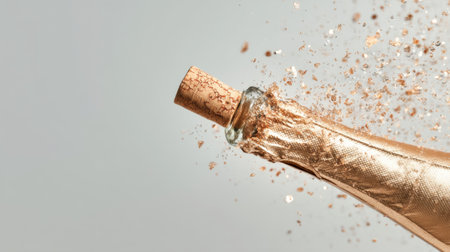 A stunning image of a sparkling champagne bottle with a flying cork and shimmering confetti. Perfect for celebrations, parties, and festive moments.の素材