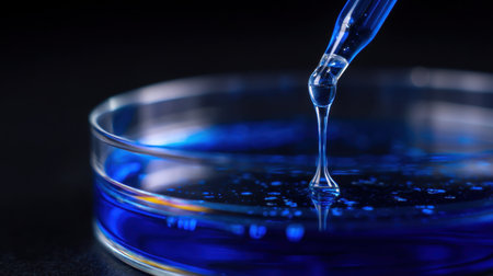 This close-up image features a precise dropper releasing a droplet of vibrant blue liquid over a petri dish, ideal for scientific research.の素材