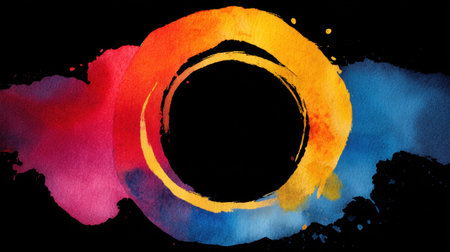 Discover a striking watercolor circle design featuring bold tones of red, orange, and blue against a deep black background, perfect for creative projects.の素材