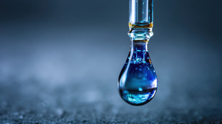 This image captures a stunning close-up of a vibrant blue droplet hanging from a pipette tip, showcasing the beauty and precision of liquid manipulation in scientific research.の素材