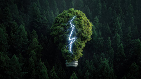 This striking image features a creatively designed light bulb formed from lush green trees, dramatically lit by a lightning strike, surrounded by a serene forest backdrop.の素材