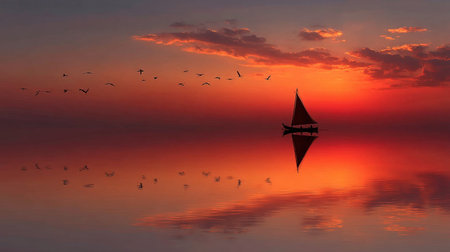 A stunning sunset casts warm hues across calm waters, creating a serene reflection of a sailboat and birds flying in the sky.の素材
