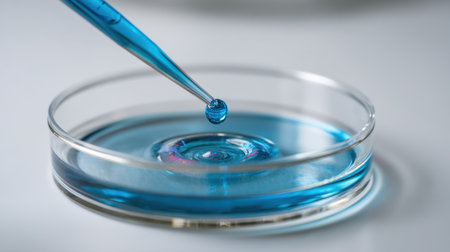A close-up image featuring a pipette carefully releasing a blue liquid droplet into a petri dish on a clean white surface. Ideal for scientific and educational purposes.の素材