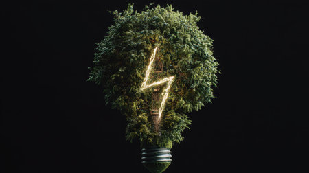 A creative representation of a light bulb crafted from lush greenery featuring a lightning symbol. This image embodies eco-friendly energy and sustainability, highlighting the harmony between nature and technology for a better future. Ideal for projects focused on renewable energy and environmental awareness.の素材