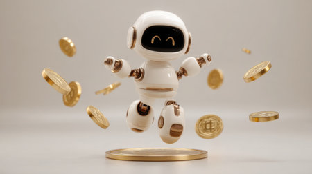 This delightful cartoon robot character jumps joyfully among floating shiny coins, representing a fusion of technology and finance. Perfect for concepts of innovation and playfulness.の素材