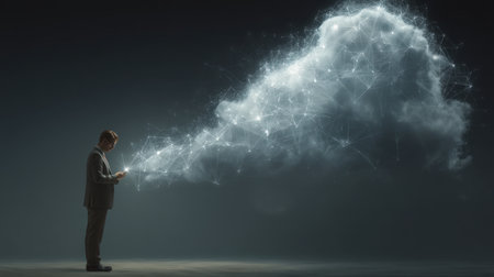 A business professional stands while interacting with a smartphone, as a digital cloud network emerges, symbolizing connectivity and innovation.の素材