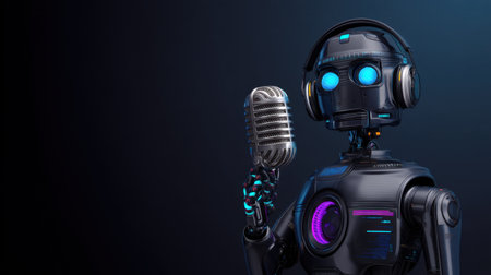 This striking image features a humanoid robot holding a microphone, representing the intersection of technology and communication in an engaging digital setting.の素材
