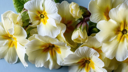 A stunning close-up of yellow primrose blossoms showcases their delicate petals and vibrant centers against a soft blue background. Perfect for spring-themed visuals.の素材