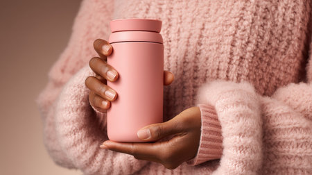 A stylish pink thermos is held gently by a person wearing a cozy sweater, reflecting warmth and modern lifestyle aesthetics in a serene indoor setting.の素材