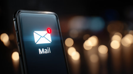 A close-up view of a smartphone displaying a mail notification on the screen, set against a soft bokeh background creating an inviting atmosphere.の素材