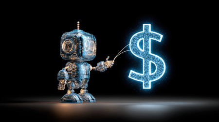 A futuristic robot stands with a glowing dollar sign, representing the intersection of finance and technology in the modern economy.の素材