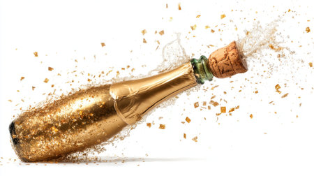 A golden champagne bottle erupts in a dazzling display of sparkling bubbles and glitter. Perfect for celebrations, festivities, and joyful moments.の素材