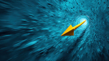 An abstract representation of a yellow arrow swirling through a deep blue background, enhancing the sensation of speed and direction in motion.の素材