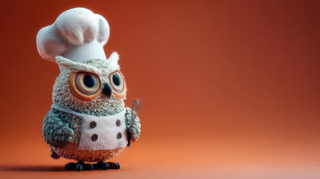 A charming cartoon owl chef character brings a whimsical touch to any kitchen scene. This adorable creature wears a chef hat and apron while holding a whisk, perfect for food-related themes.の素材