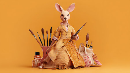 This unique artistic bunny character, dressed in a stylish outfit, is surrounded by colorful paintbrushes and art supplies, embodying creativity and inspiration.の素材