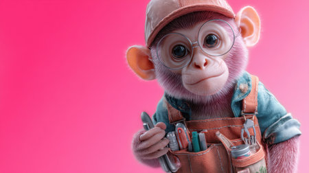This charming cartoon monkey mechanic features glasses and an array of tools, set against a vibrant background, perfect for playful designs.の素材
