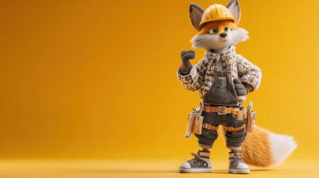 An adorable cartoon fox character dressed in a construction outfit with a hard hat and tools stands confidently against a vibrant yellow backdrop.の素材