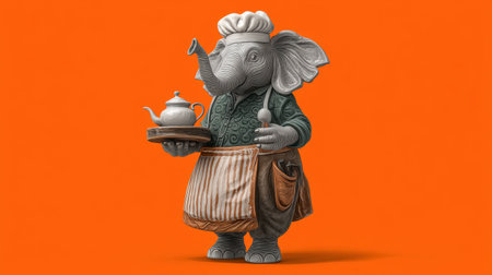 A delightful illustration of an elephant character dressed as a chef, cheerfully serving tea. This whimsical design combines charm and creativity against a vibrant orange background, perfect for playful and fun-themed artworks.の素材