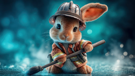 This adorable bunny dressed in fireman attire holds a broom, ready for action. The vibrant blue backdrop adds charm and whimsy to the scene.の素材