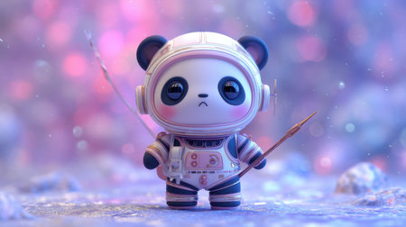 A delightful panda character in a bright astronaut suit stands in a whimsical cosmic world, holding a spear. This charming design captures adventure and joy, perfect for children's themes or fantasy projects.の素材