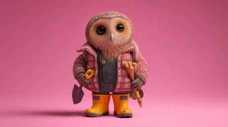 A charming cartoon owl stands dressed as a gardener, complete with tools and bright yellow boots. This colorful illustration captures a warm and playful essence, perfect for conveying creativity and joy in gardening.の素材