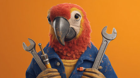 This striking image features a colorful parrot character holding tools, symbolizing creativity and craftsmanship, set against an orange backdrop.の素材
