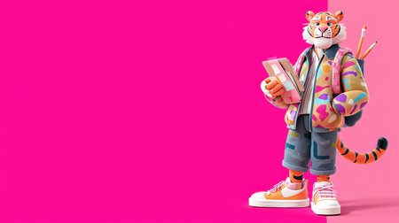 This vibrant cartoon tiger character showcases creativity with art supplies against a bright pink background, ideal for playful artwork and designs.の素材