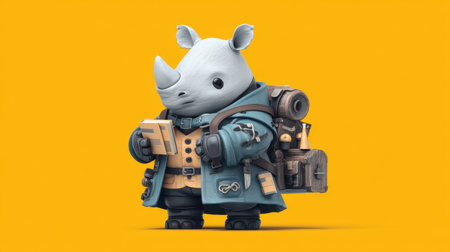 This playful cartoon rhinoceros character features a charming design with a backpack and a book, set against a bright yellow background. Perfect for children's art projects and creative expressions.の素材