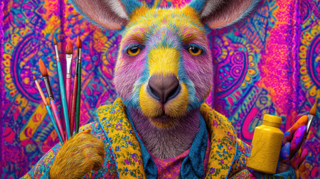 A vibrant kangaroo artist holds paintbrushes and paint, surrounded by a lively, patterned background. This playful image captures the essence of creativity and fun, making it perfect for art lovers and whimsical decor.の素材