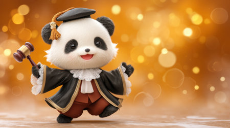 This charming animated panda celebrates graduation in a vibrant outfit, holding a gavel amidst a sparkling golden backdrop, radiating joy and achievement.の素材