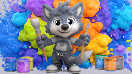 A cheerful cartoon wolf character stands proudly with paintbrushes in hand, surrounded by a vibrant splash of colors, embodying the joy of creativity and fun.の素材