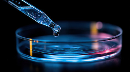 A detailed macro shot showcasing a pipette releasing a droplet into a petri dish filled with liquid, highlighted by colorful reflections in a dark setting.の素材