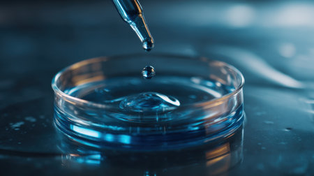 A striking close-up image featuring a glass petri dish with water droplets from a pipette, showcasing the intricacies of laboratory experimentation illuminated by blue lighting.の素材