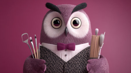 A whimsical cartoon owl in formal attire stands proudly holding an array of art tools. This vibrant character symbolizes creativity and fun, making it perfect for any art-related project.の素材